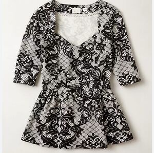 Anthropologie Leia Women’s Black & White Lace-Pattern Peplum Top Medium